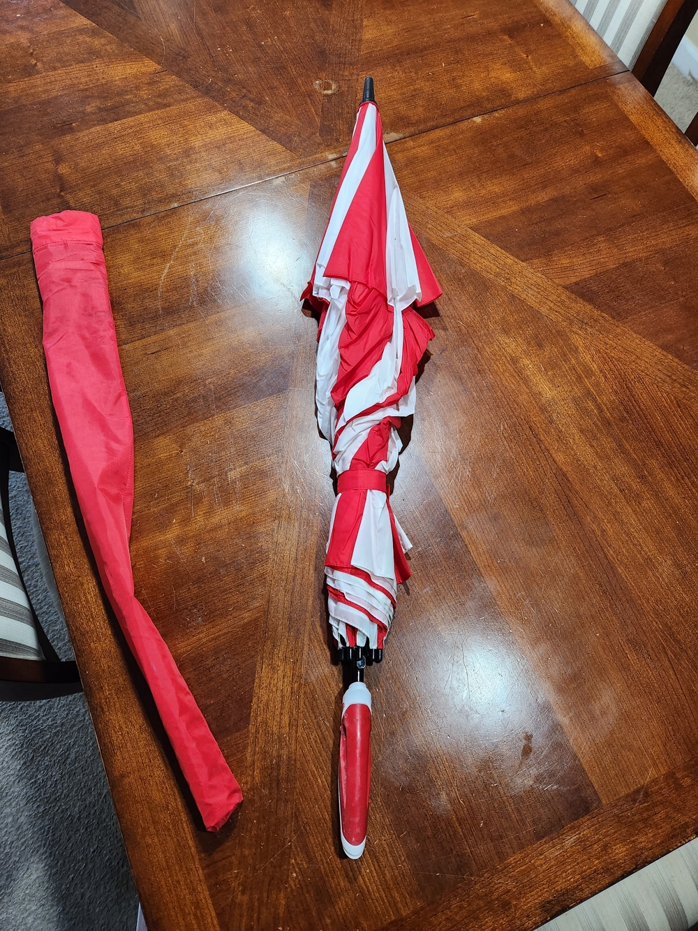 Shed Rain Red and White Stripe Folding Umbrella
